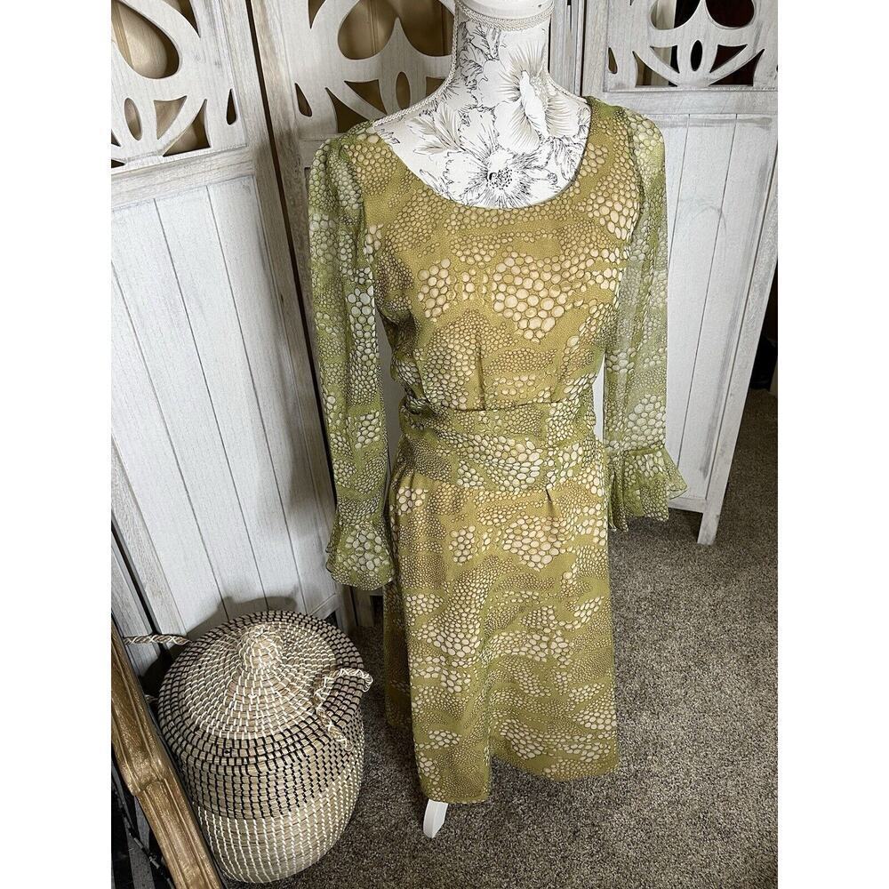 Vintage 60s 70s Vera Hicks Helga Green Yellow Retro Funky Dress Medium Small